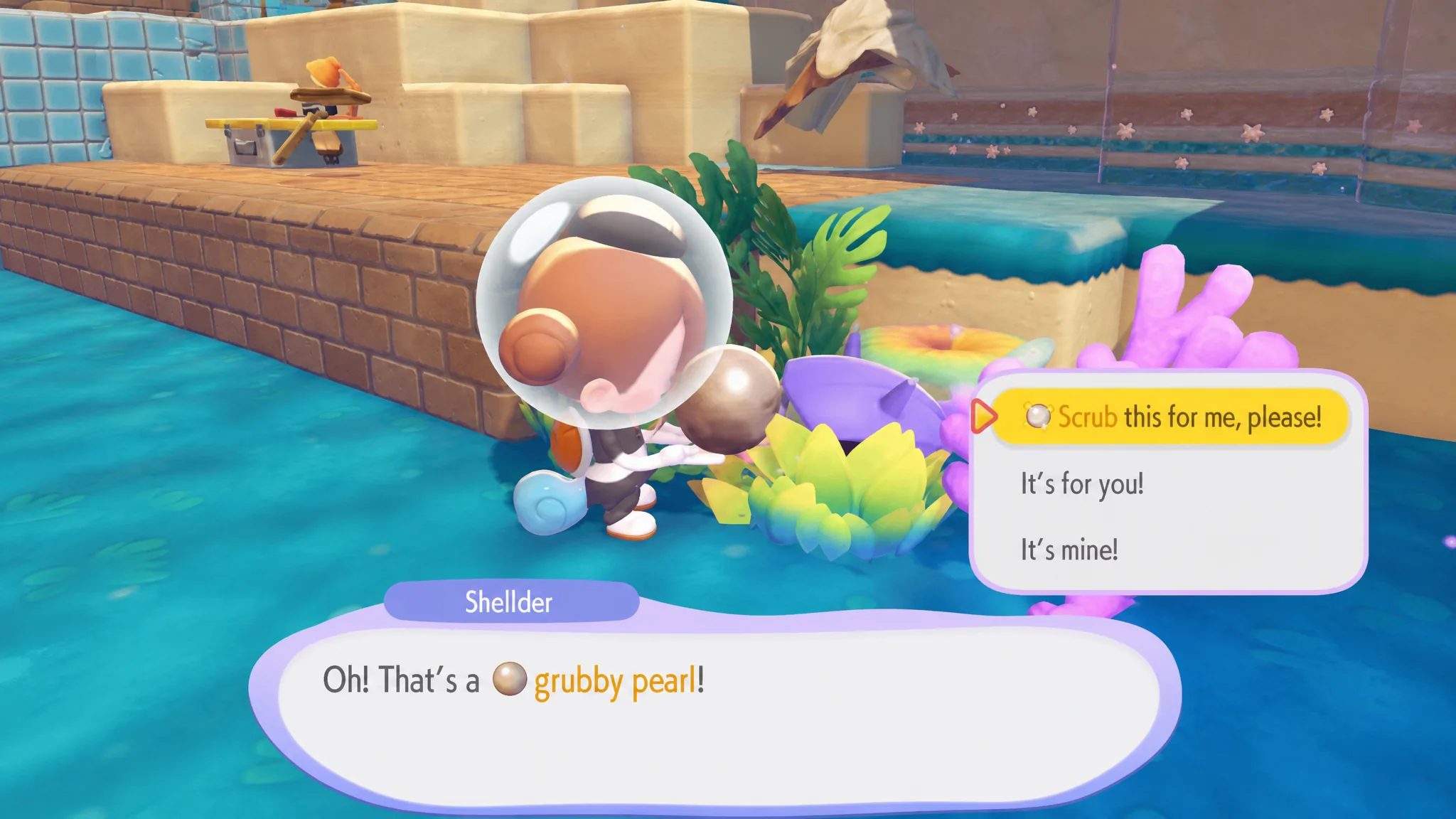 Asking shellder to scrub grubby pearls in pokopia