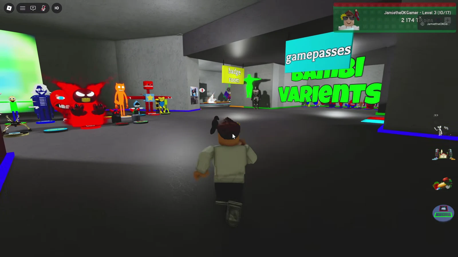 Avatar walking through the character showcase lobby toward the gamepasses display