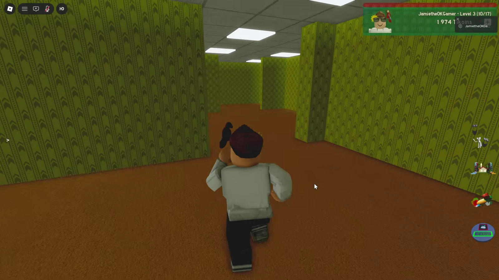 Player avatar heading deeper into the yellow-wallpaper Backrooms maze corridors