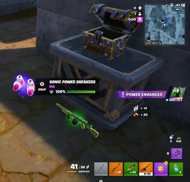 Open chest in Fortnite showing Sonic Power Sneakers with the Swap prompt on screen