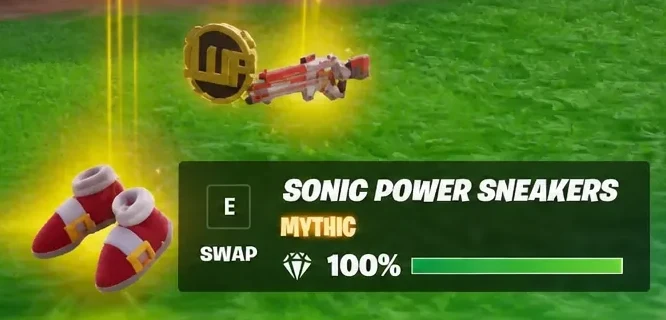 Fortnite pickup prompt naming the Sonic Power Sneakers with a swap option on the E key