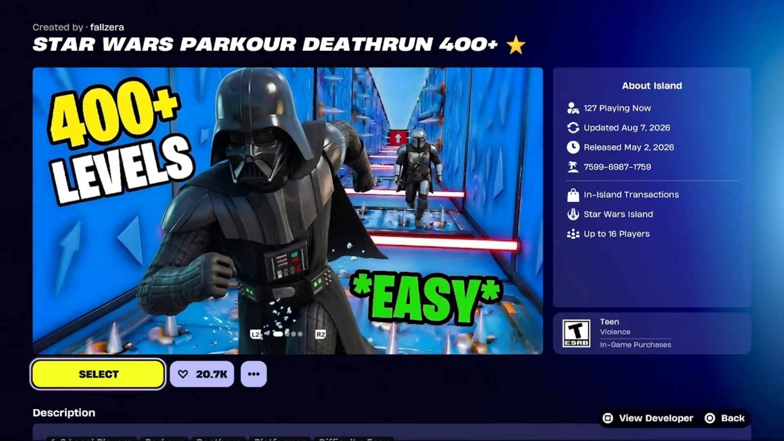 Creative island details screen in Fortnite with the Select button highlighted