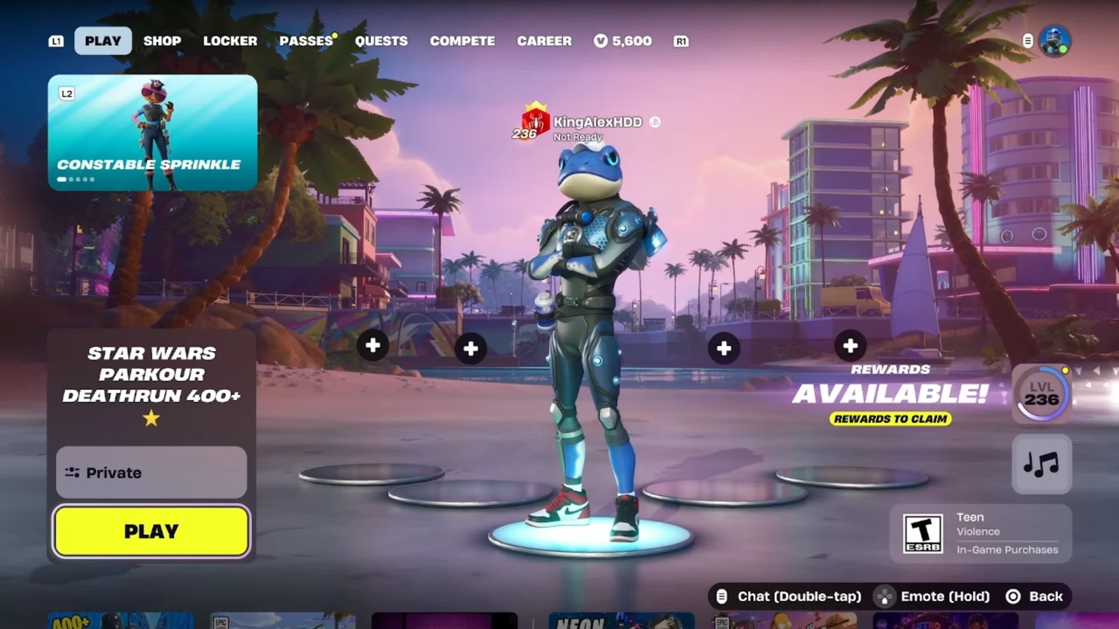 Fortnite Play lobby with a creative island queued and the Play button ready