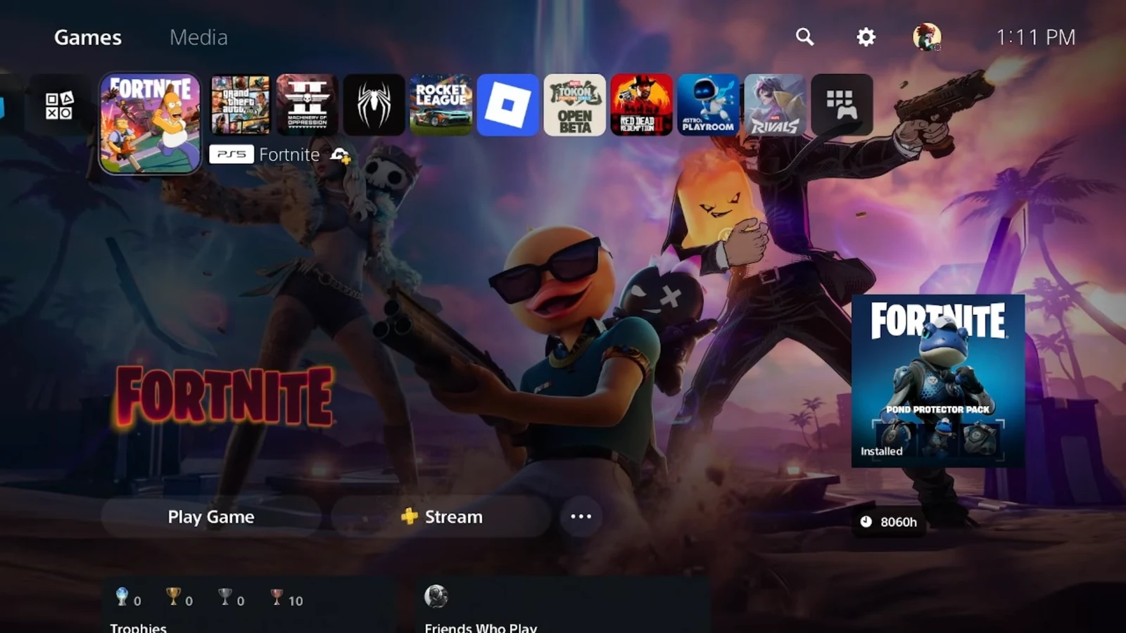 PlayStation home screen with Fortnite selected and the Play button highlighted