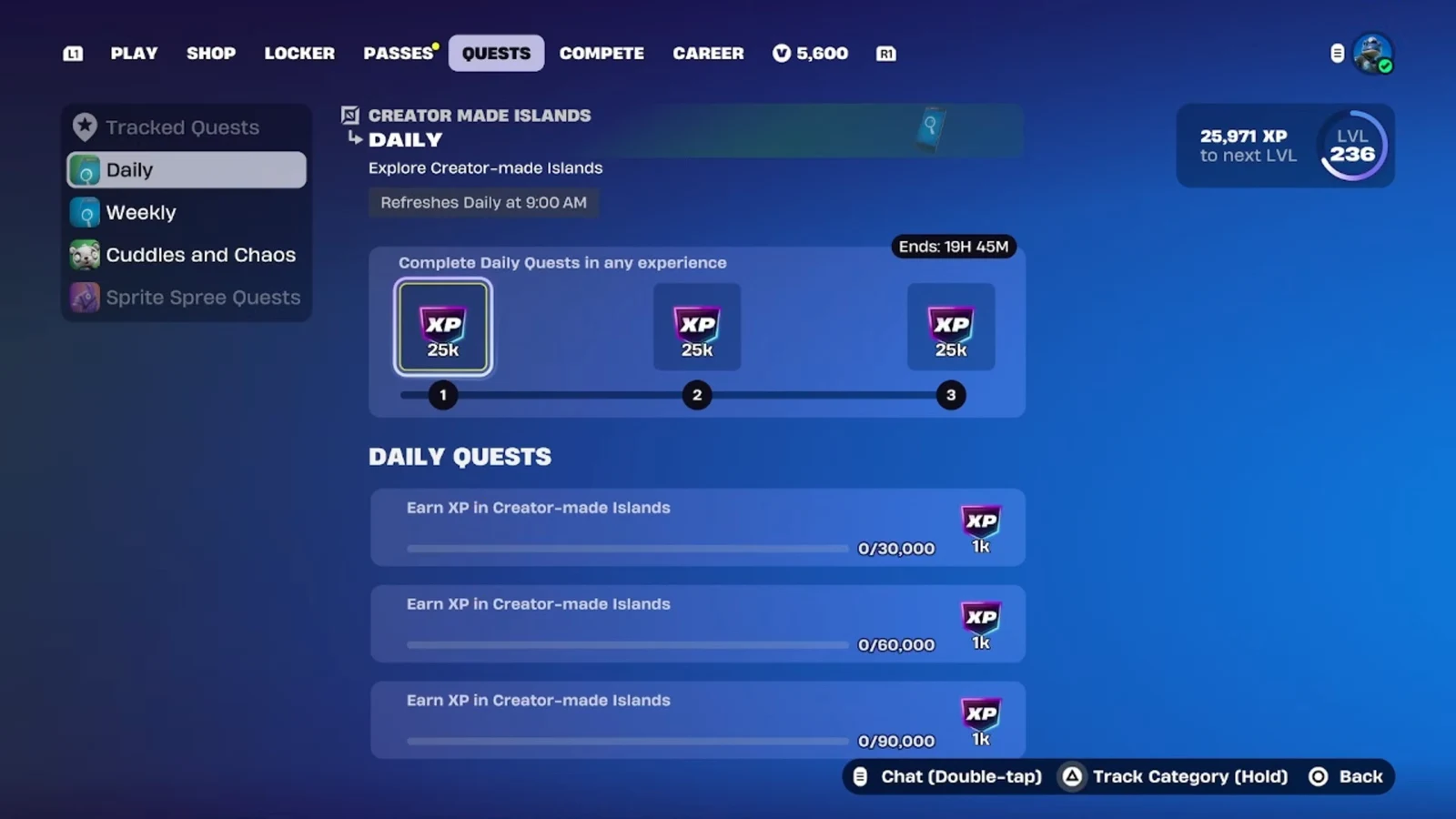 Fortnite Quests tab tracking progress toward XP rewards