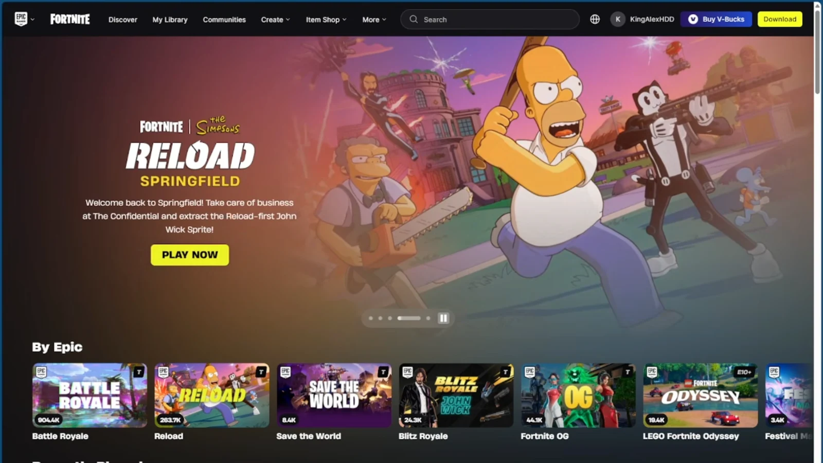 Fortnite Discover homepage showing a featured island with a Play button