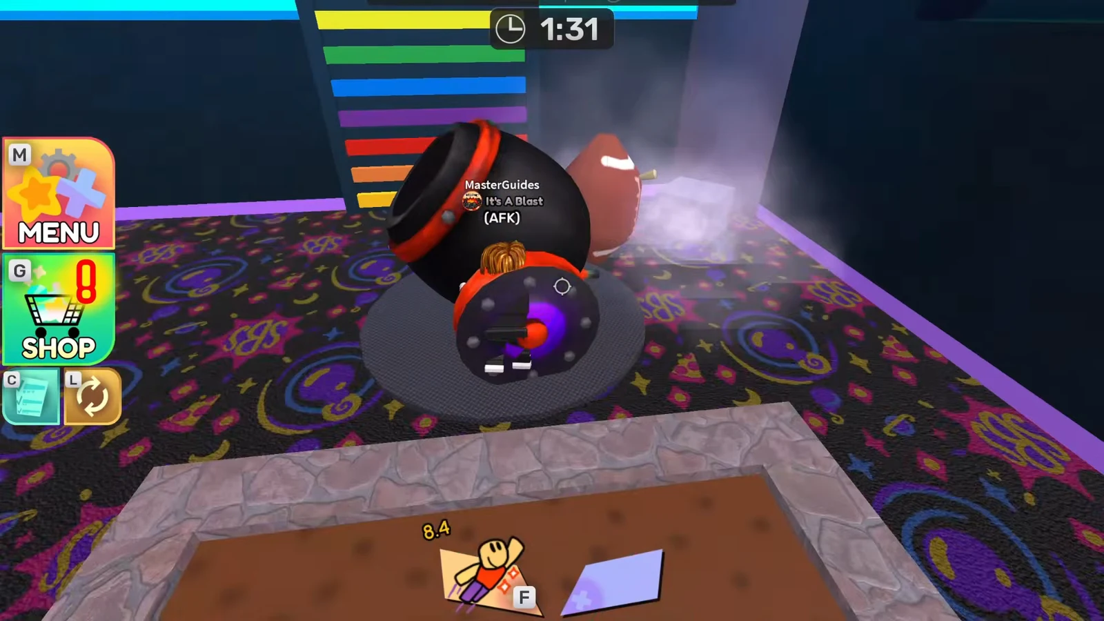 Lobby carnival arena view with the crosshair aimed at a black cannon-like object as the 1:31 timer runs