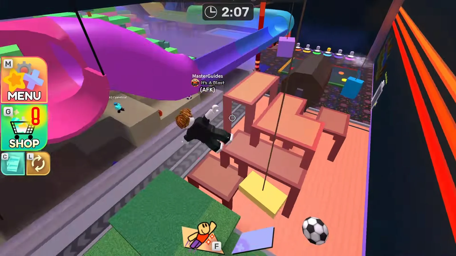 Avatar midair near lobby platforms with Menu and Shop buttons visible and the round timer running