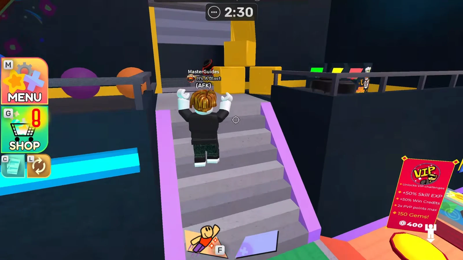 Avatar climbing the purple-railed lobby staircase toward the yellow platform as the timer counts down
