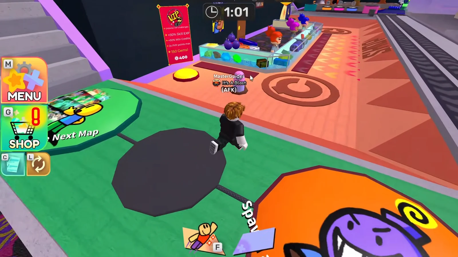 Player avatar moving across the lobby toward the Next Map voting area with the round timer showing
