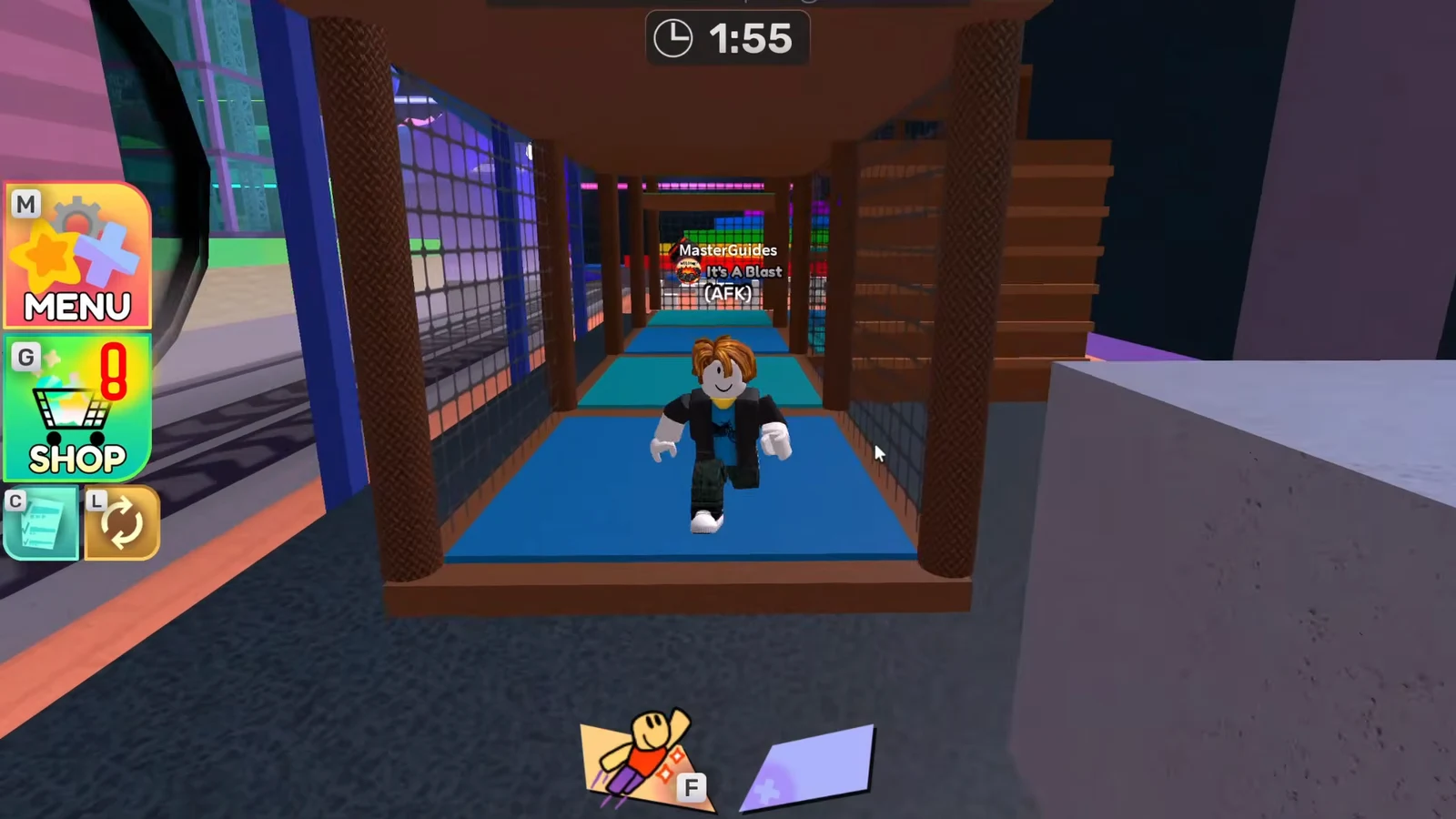 Avatar running along a blue-floored corridor as the 1:55 countdown continues