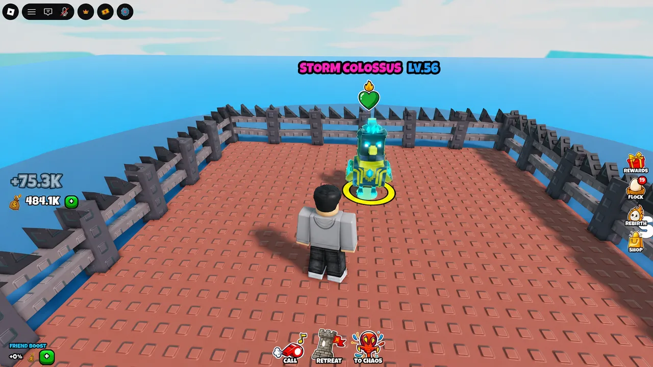 Storm Colossus Lv.56 highlighted while the player fights it in the arena