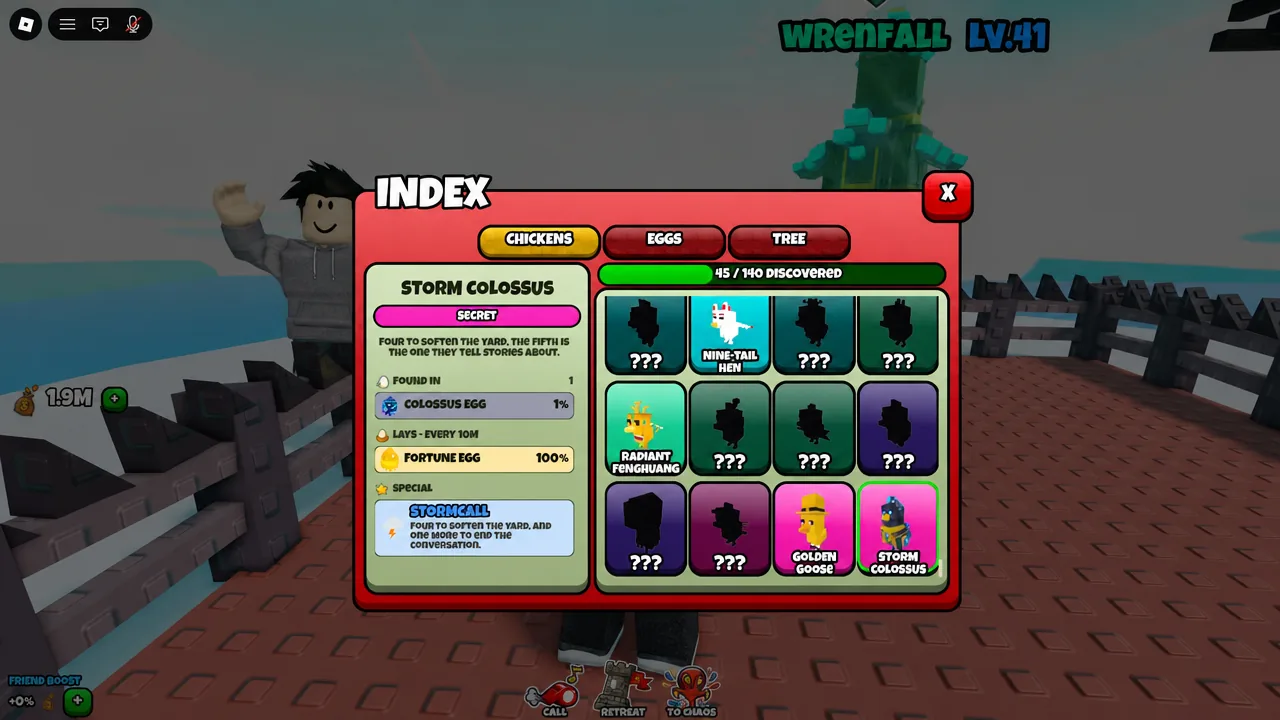 Index open on the Chickens tab showing Storm Colossus discovery details