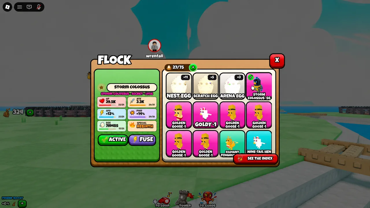 Flock menu with Storm Colossus selected and its stats on display