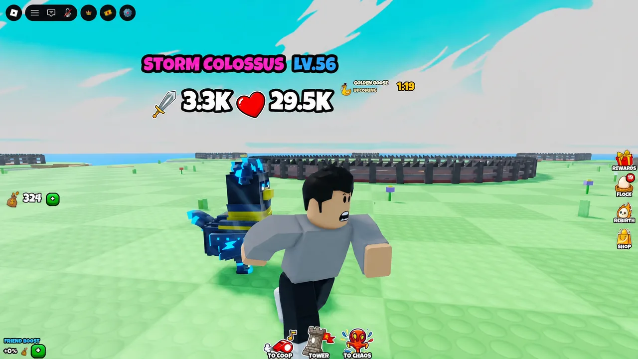 Storm Colossus Lv.56 encounter screen with the boss HUD and action buttons visible