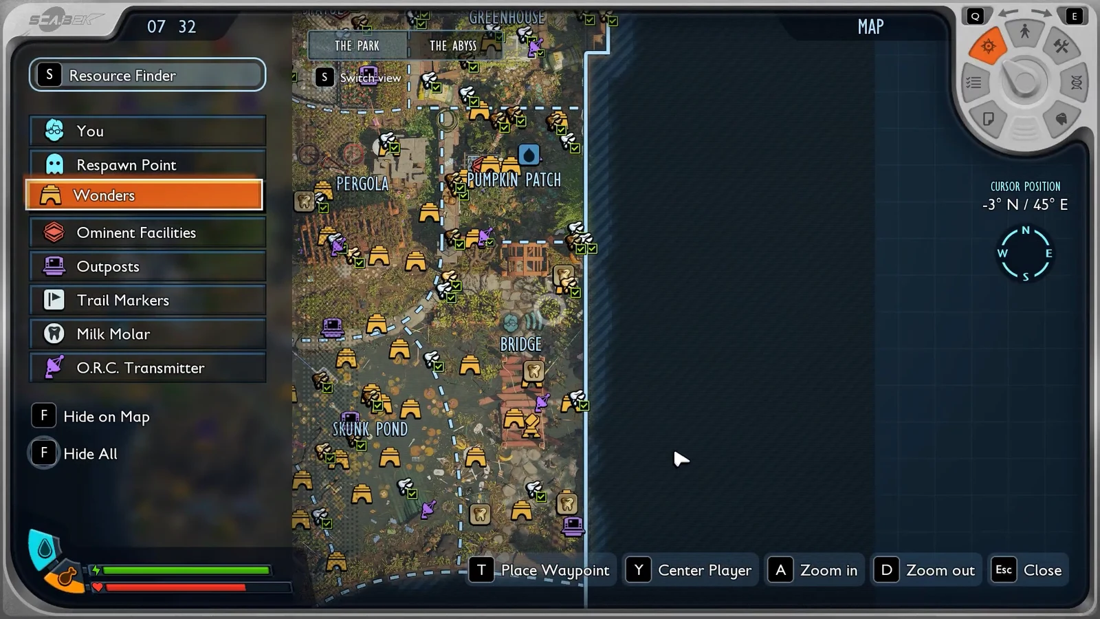 Grounded 2 map screen with the Wonders filter selected in Resource Finder showing marker locations