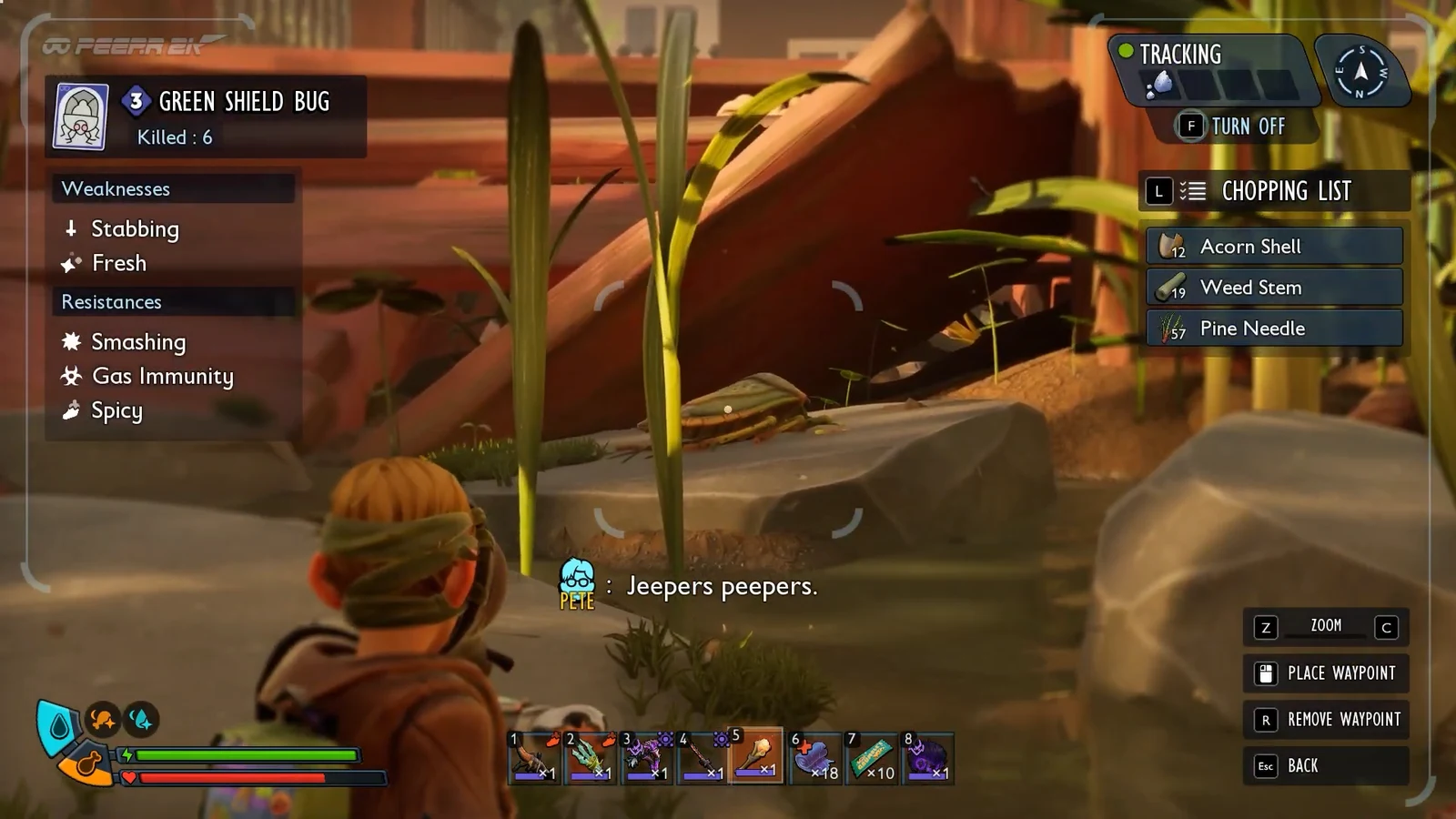 Grounded 2 HUD tracking a Green Shield Bug with a chopping list of required materials on screen