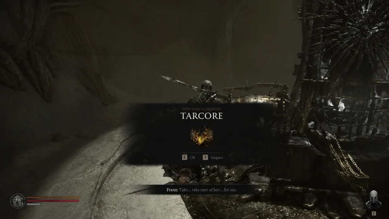 New Item Acquired popup showing Tarcore with prompts to accept or inspect