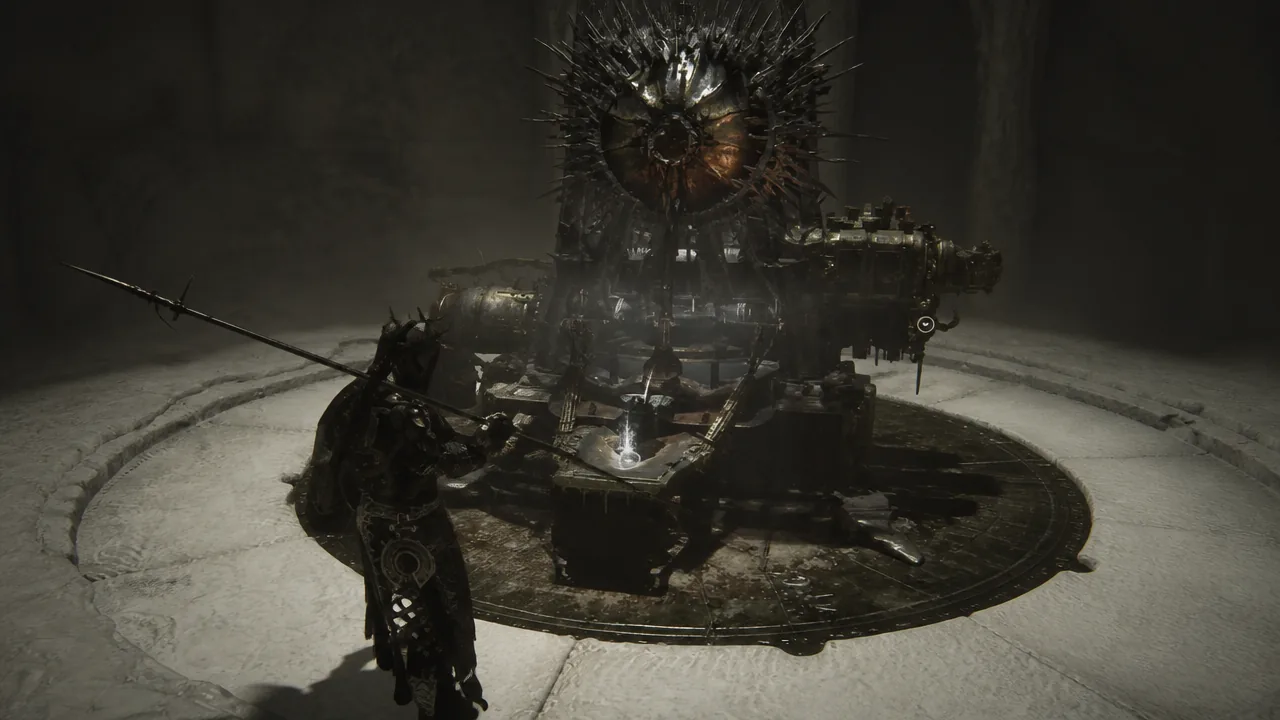 Player character approaching a large spiked mechanical boss with an interaction prompt on screen