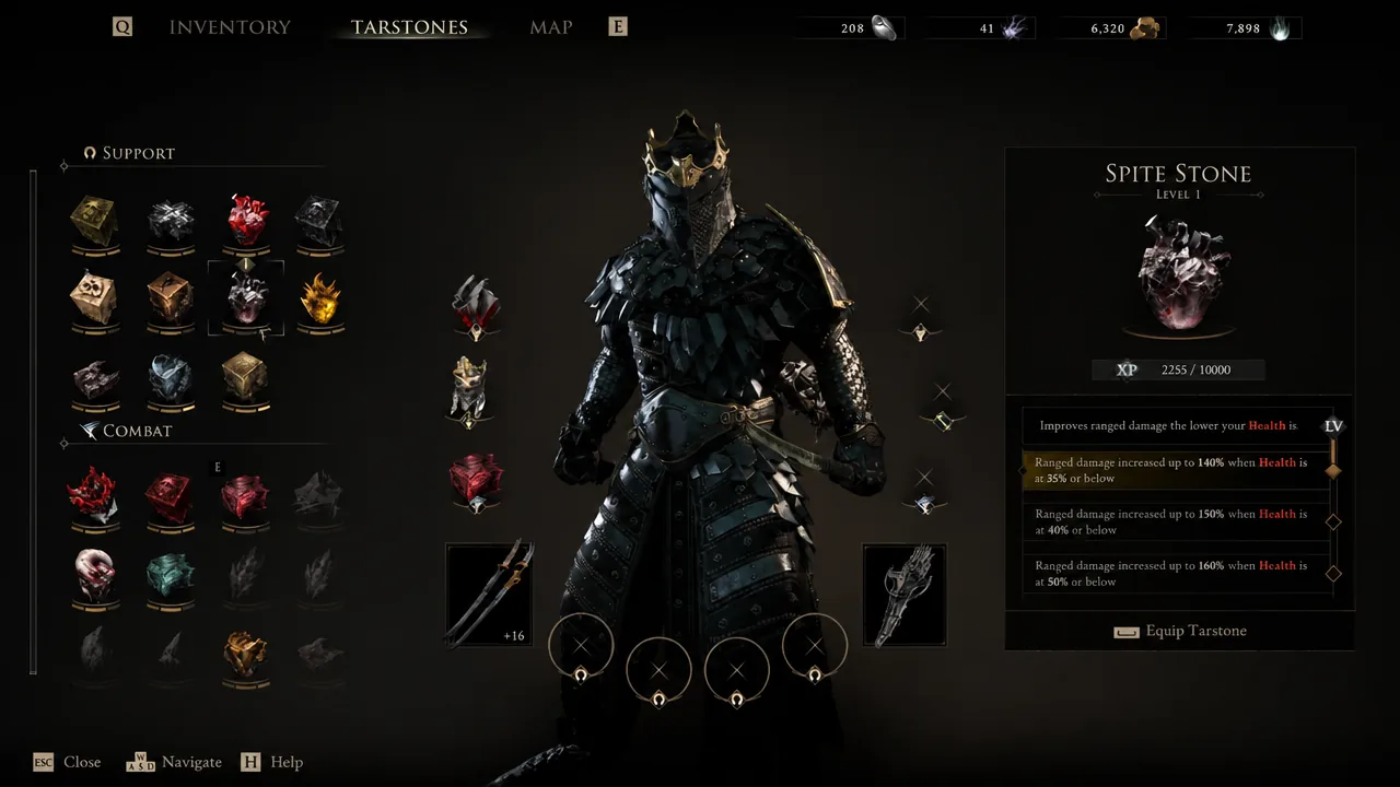 Tarstones menu highlighting a level 1 stone with its XP thresholds and the Equip Tarstone option