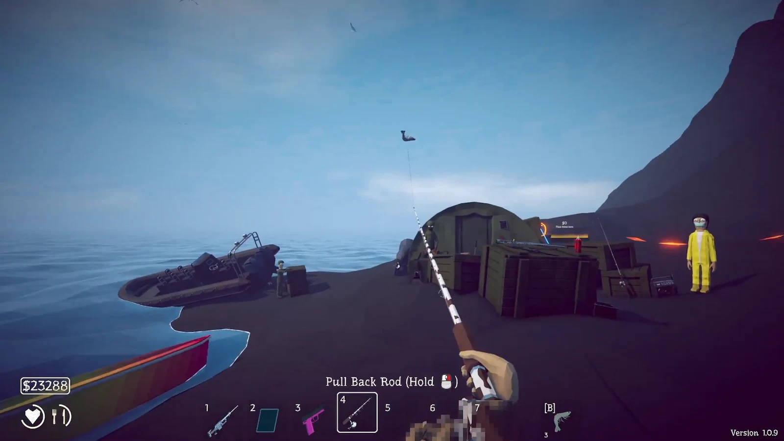Player holding the mouse to pull back the fishing rod with slot four selected while fishing