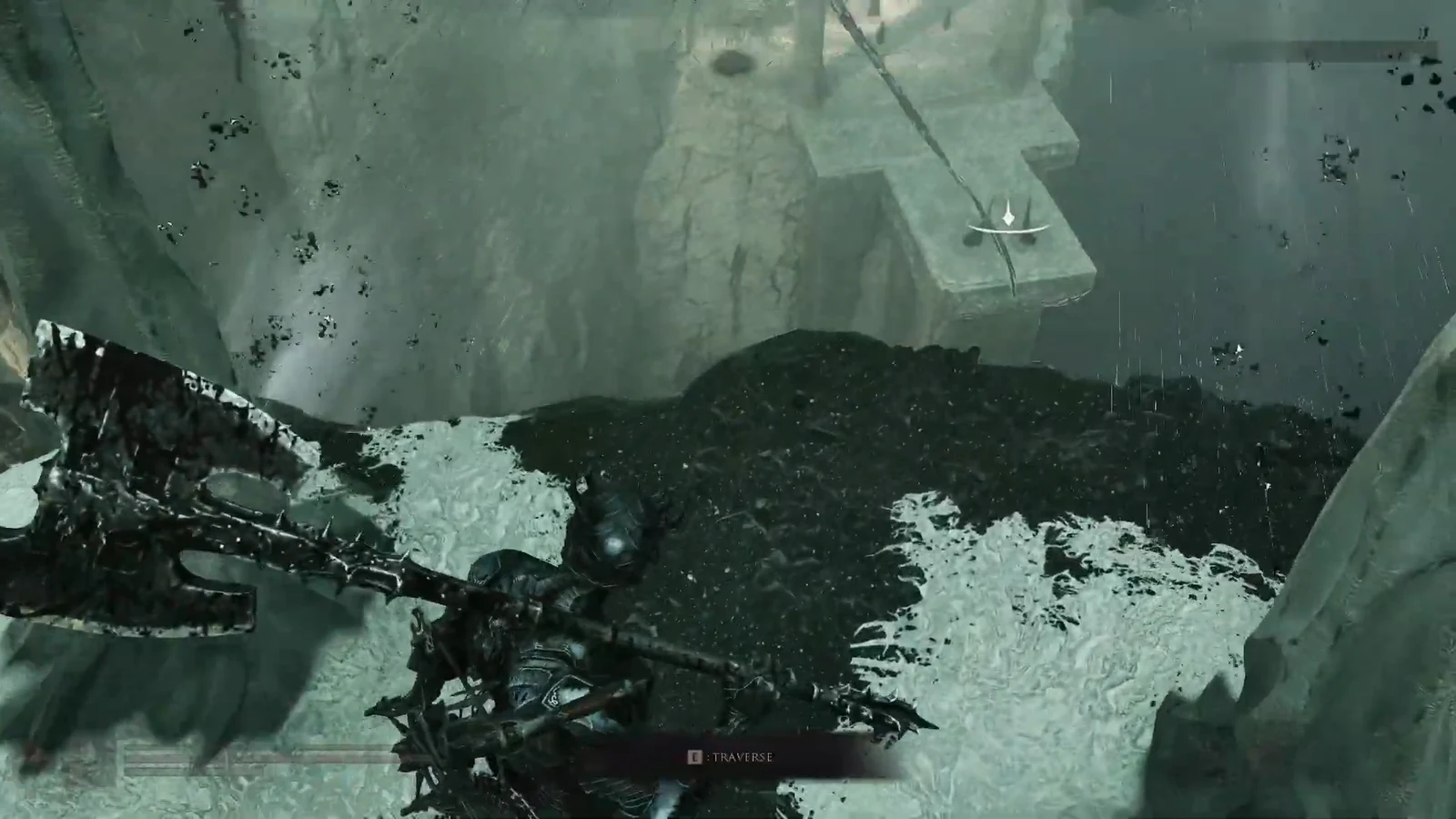 TRAVERSE prompt on screen as the armored character approaches a marked ledge to cross into the tower area