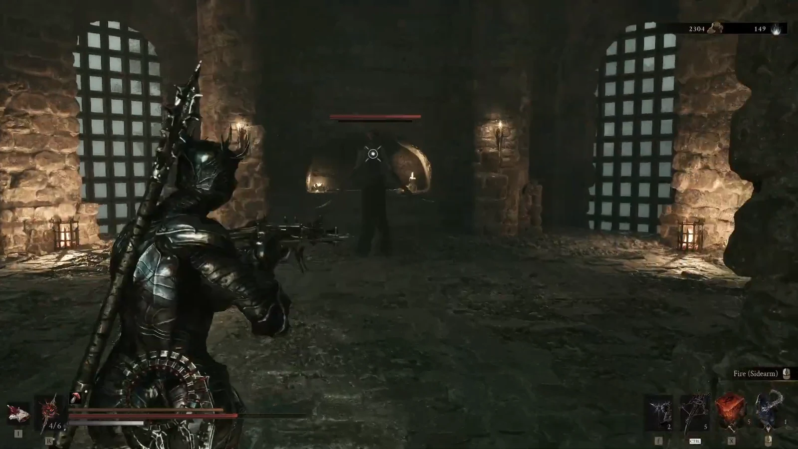Player aims the Fire sidearm at the guarding enemy whose red health bar is shown in the chamber