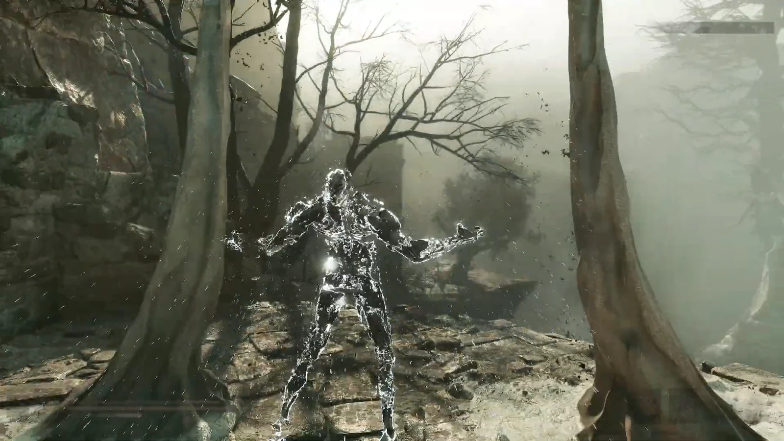 Character triggers a water ability on a ruined stone platform surrounded by trees near the upper ledge