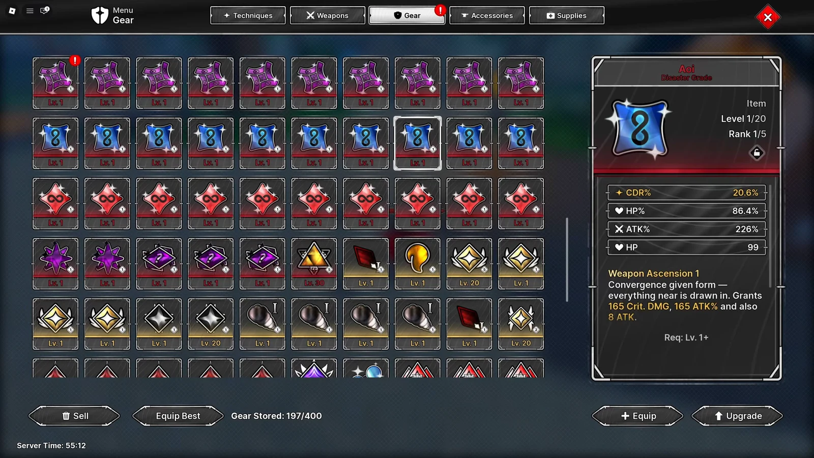 Gear menu showing the Aoi Disaster Grade item with its stats and Equip and Upgrade buttons