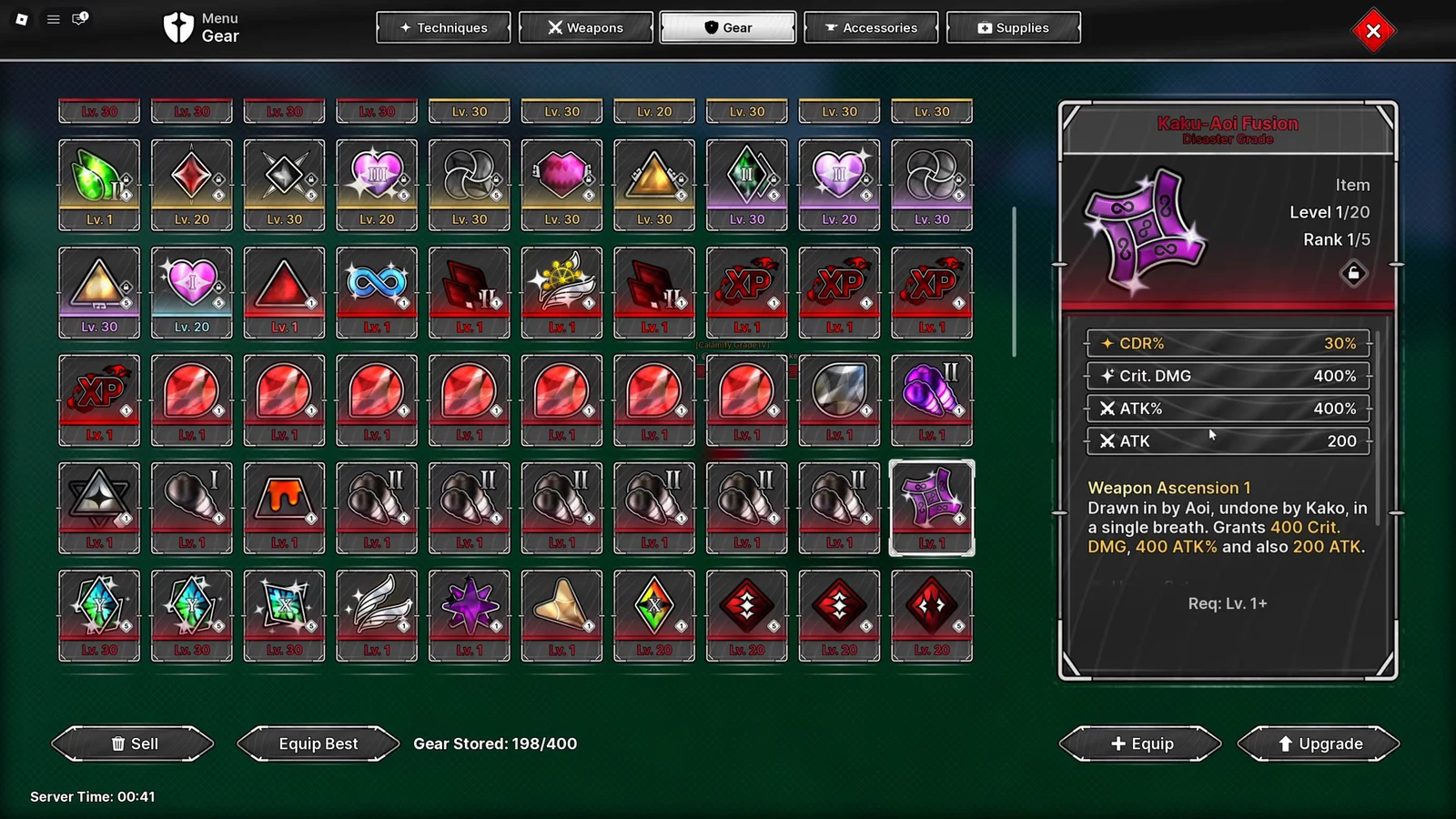 Upgrade option shown for the selected Kaku-Aoi Fusion in the Gear menu