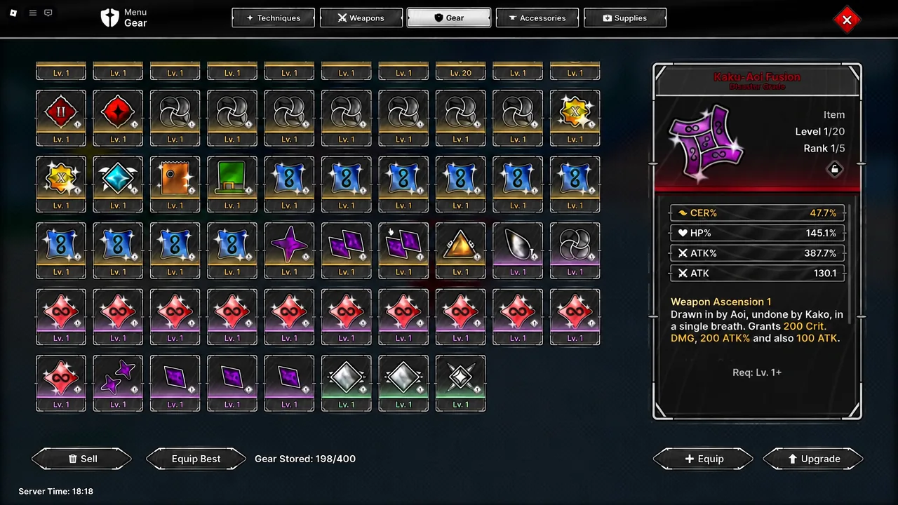 Gear menu with Kaku-Aoi Fusion selected, its rolled stats listed beside Equip and Upgrade