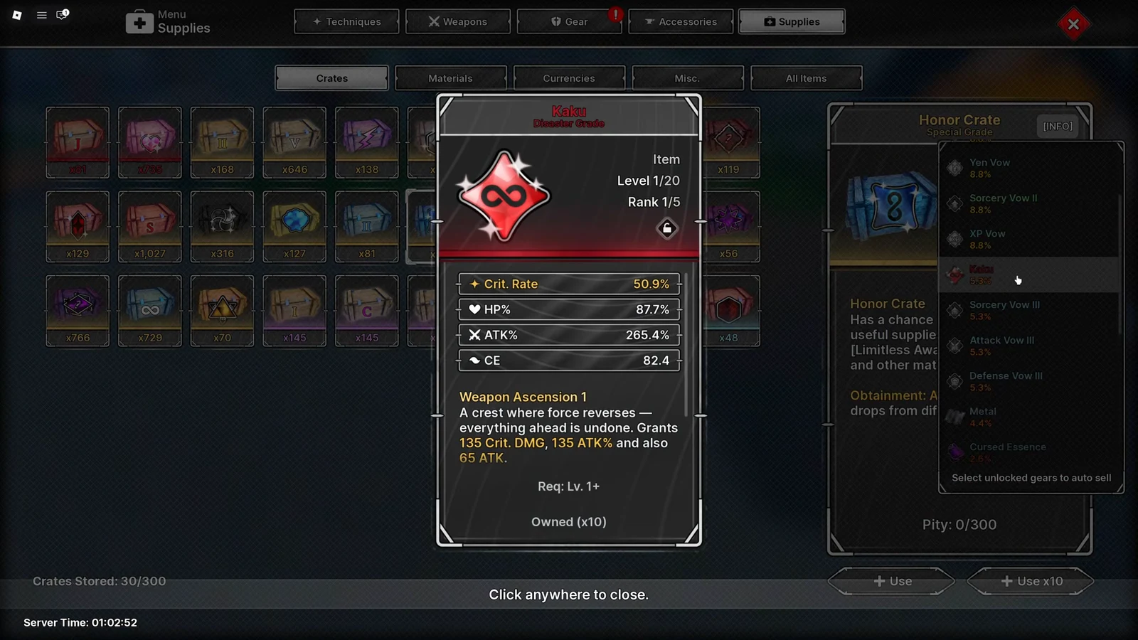 Supplies menu with the Kaku crest highlighted in the Honor Crate reward list and Weapon Ascension 1 shown