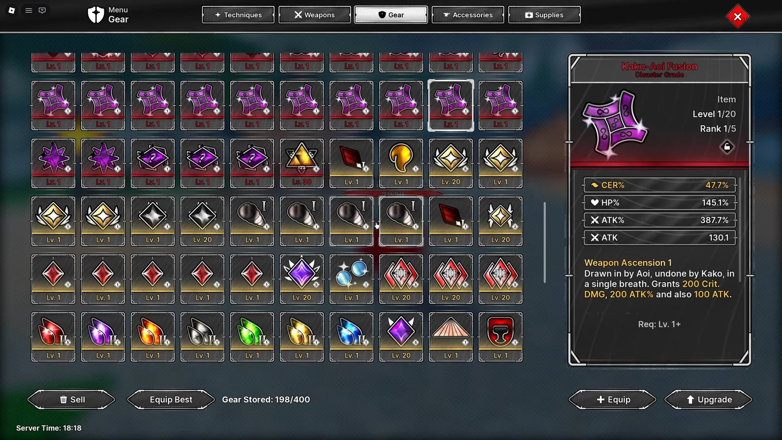 Kaku-Aoi Fusion selected in the Gear menu with the Equip option available