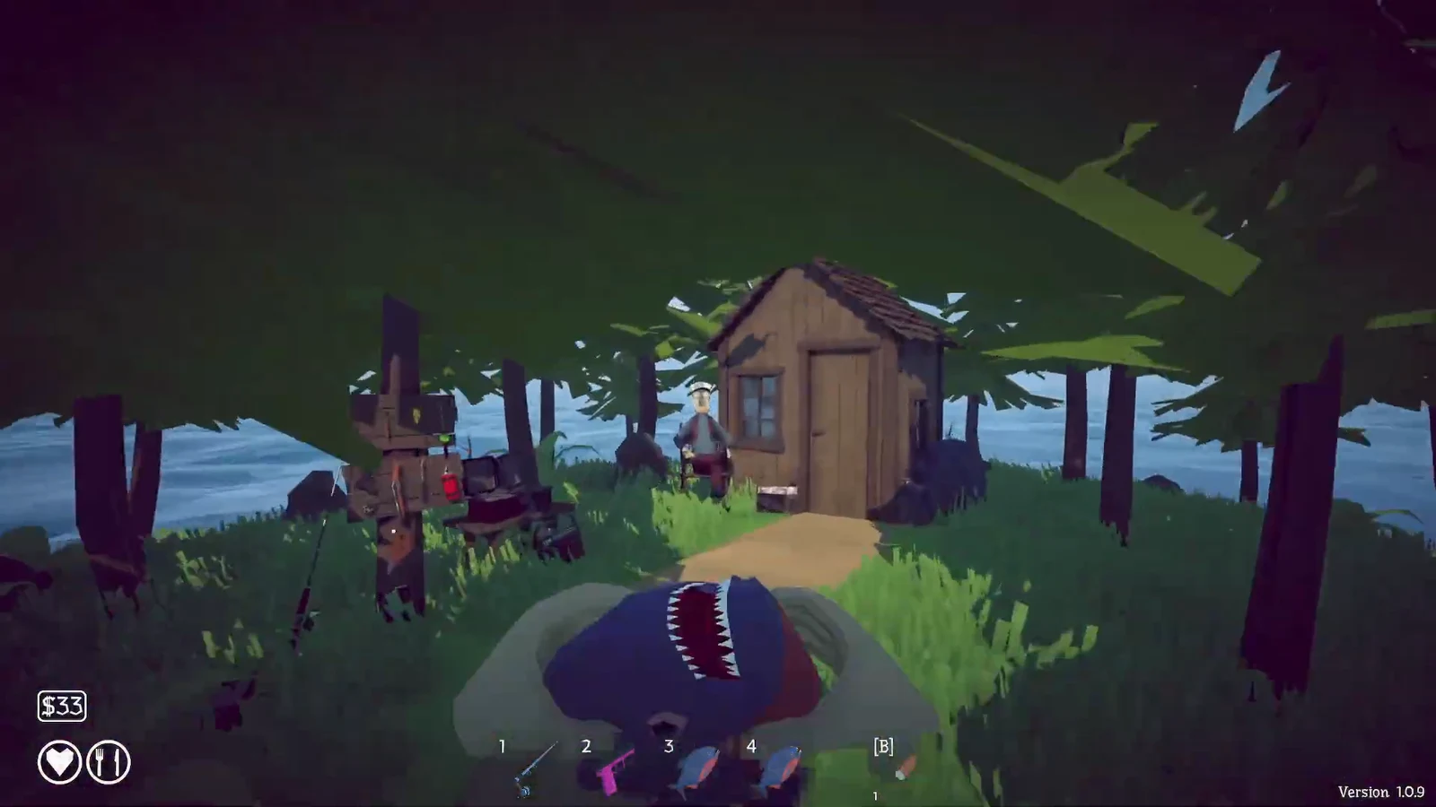 Player walking up to the wooden cabin and its seated NPC on the second island