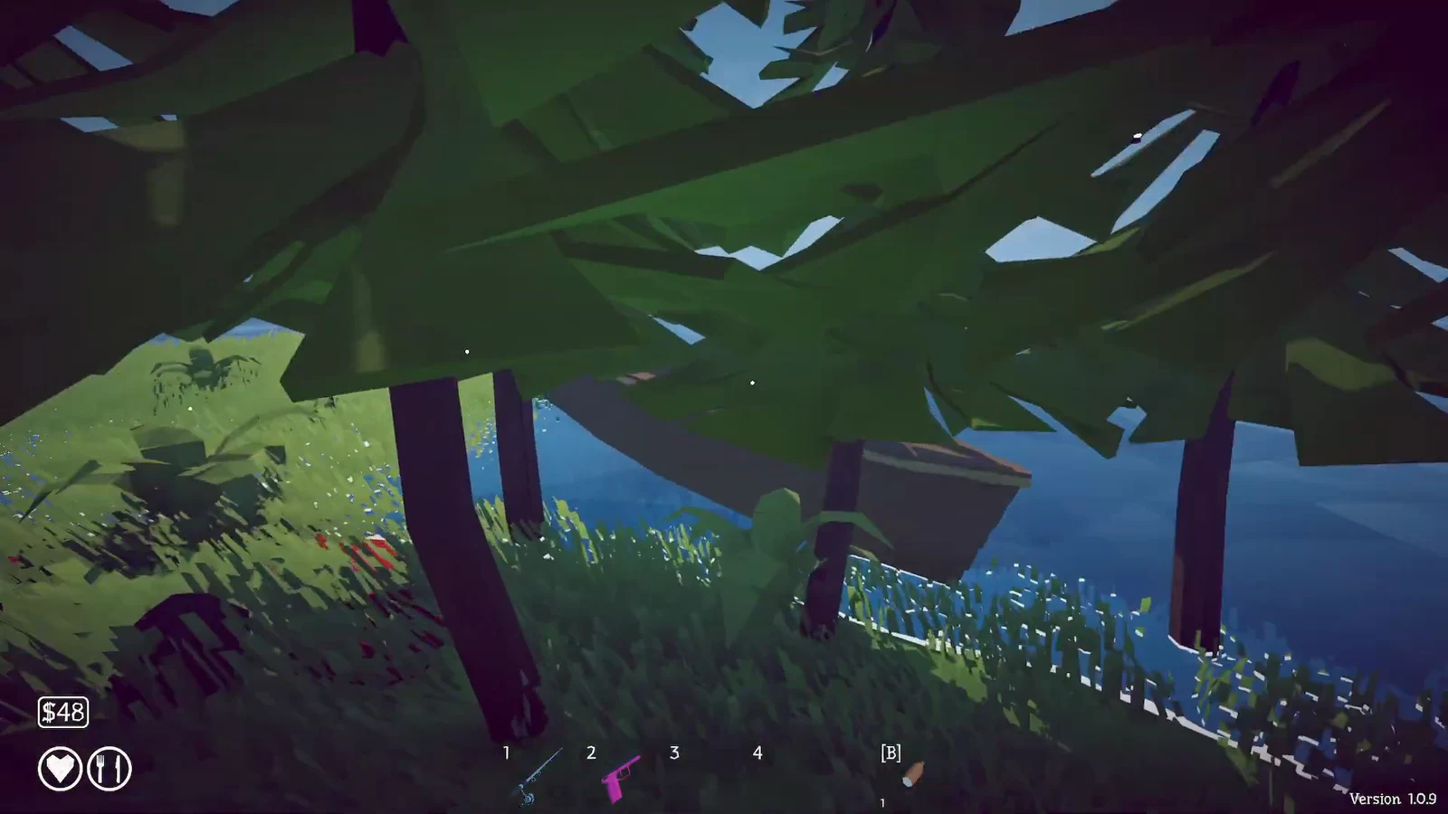 First-person view of a grassy lakeshore with the survival HUD and cash counter on screen