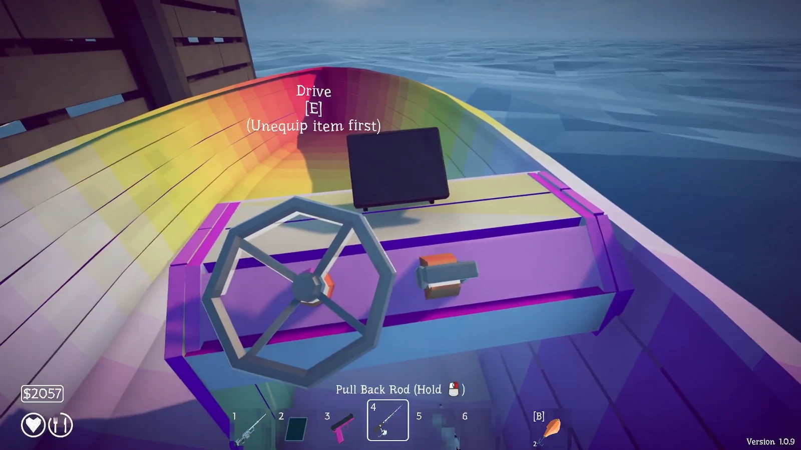 Boat fishing rod station with a hold-to-pull-back-rod prompt on screen
