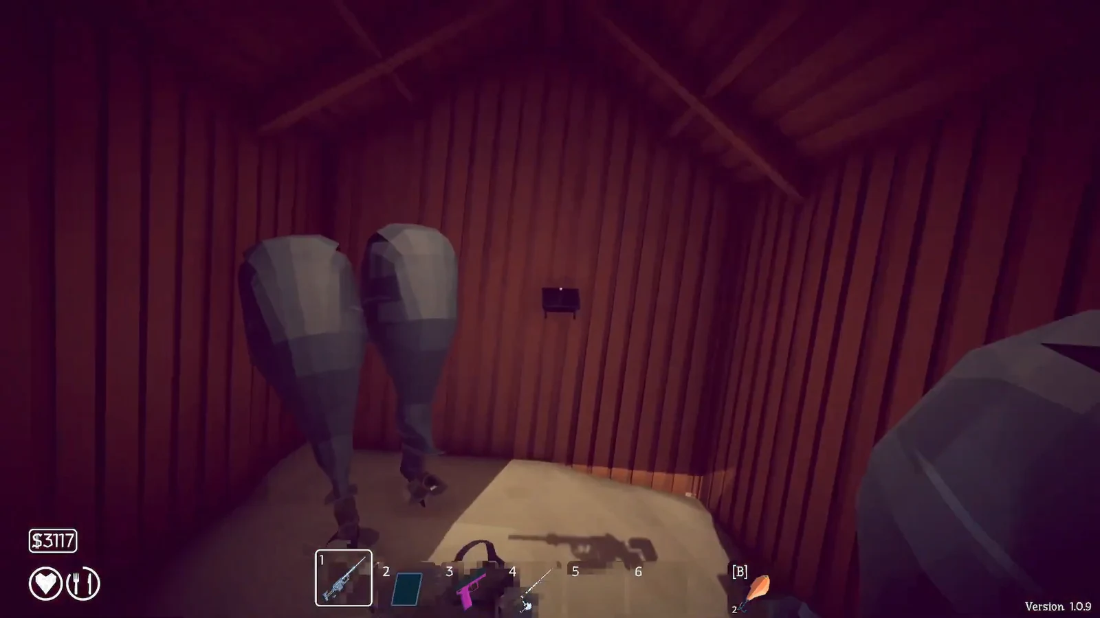 First-person view aiming a rifle inside the wooden shack interior