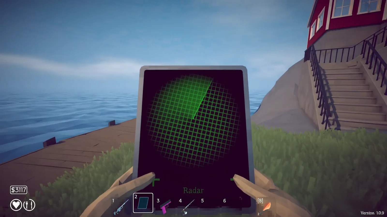Handheld radar showing a green grid and red dot while scanning near the seaside shack