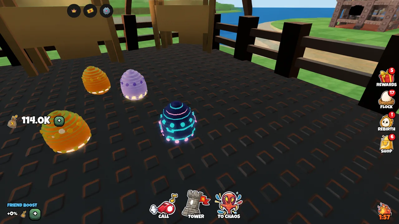Grow a Chicken Fighter coop with glowing eggs on the platform and the CALL, TOWER and TO CHAOS buttons