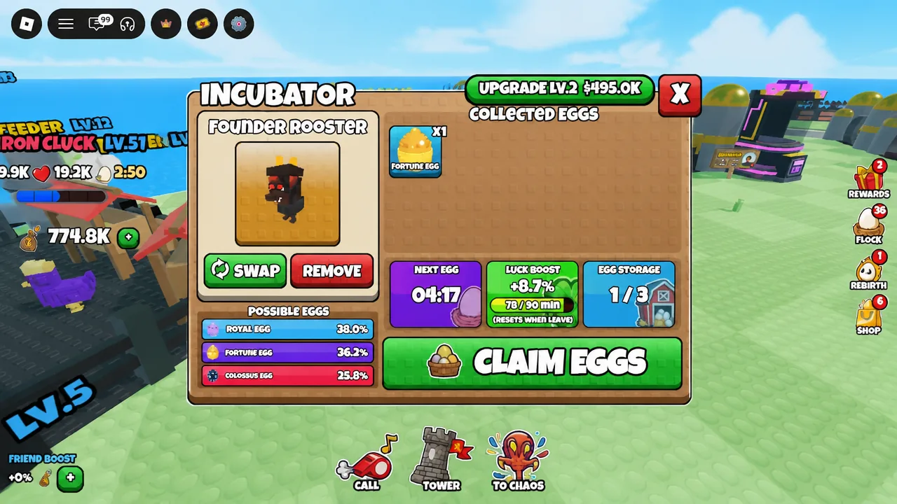 Incubator menu in Grow a Chicken Fighter showing a collected Fortune Egg above the green CLAIM EGGS button