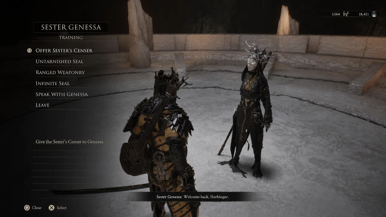 Genessa's dialogue menu in Marrow Keep with the Offer Sester's Censer option highlighted