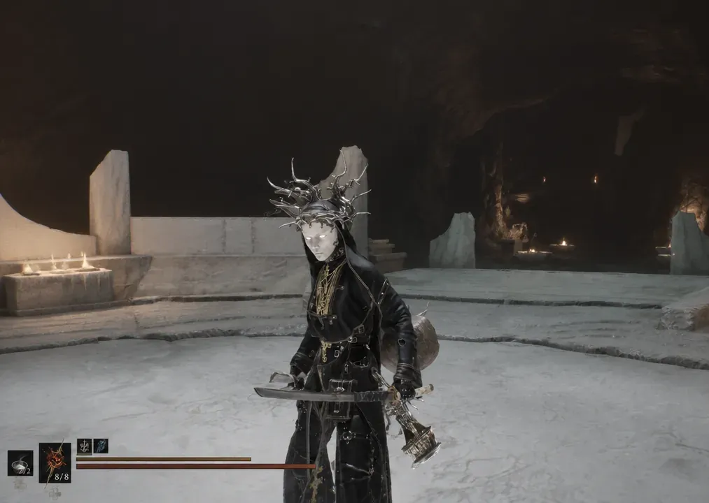 Playing as Genessa in a candlelit cavern arena with the combat HUD visible
