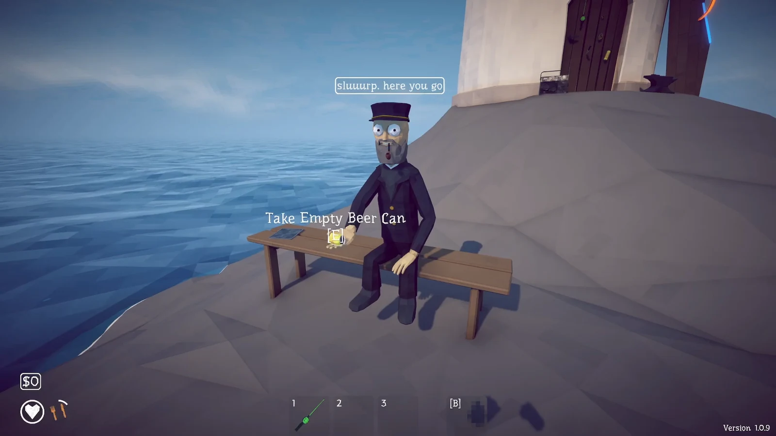 Take Empty Beer Can prompt highlighted as the player collects the drained can