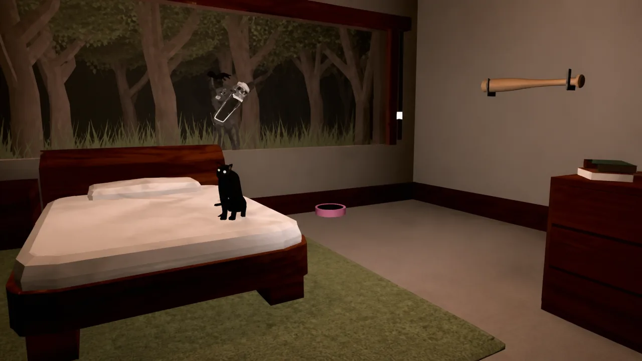 Bedroom scene with a black cat standing on the bed