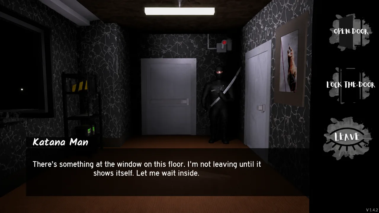 Choice menu with OPEN DOOR, LOCK THE DOOR, and LEAVE while Katana Man waits inside