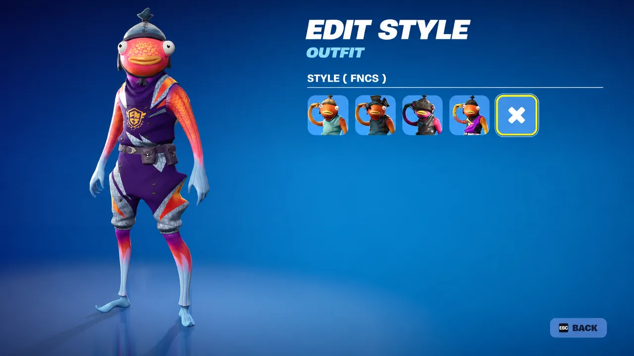 Fortnite Edit Style screen with the FNCS style row highlighted for the Fishstick outfit