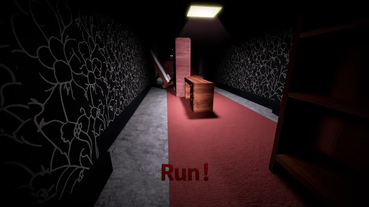 Hallway corridor showing the red Run prompt during the chase