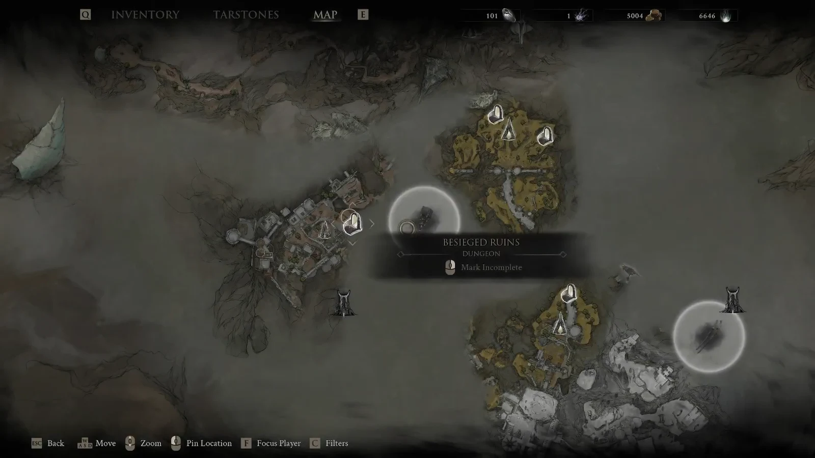 Map screen with the Besieged Ruins dungeon selected as the starting point for the route