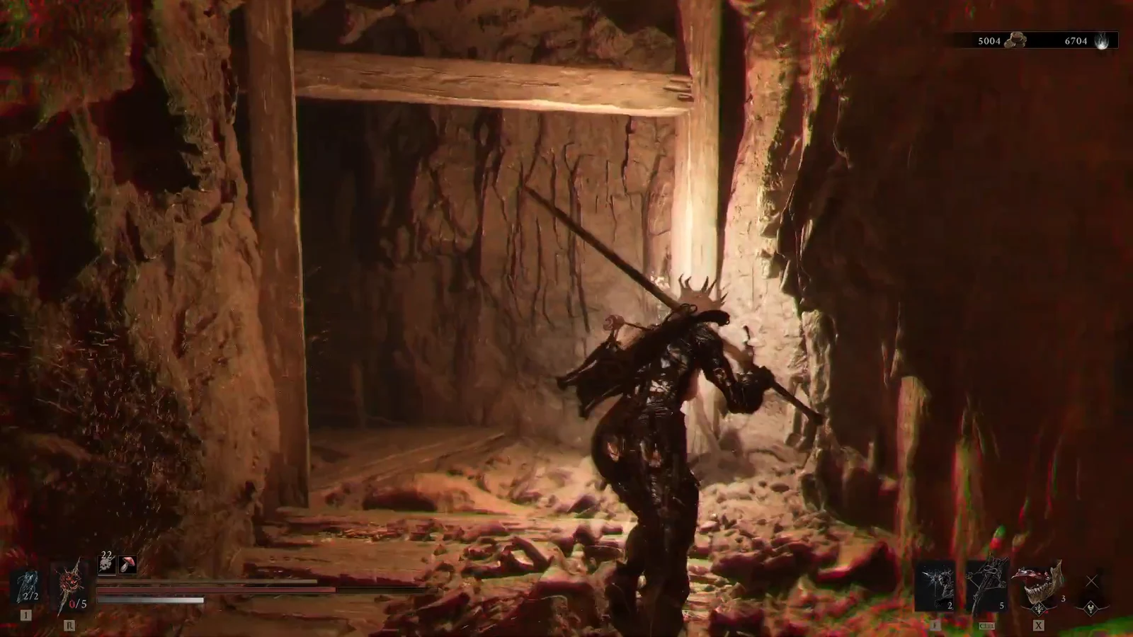 Player character with a sword moving through a wooden-supported mine passage