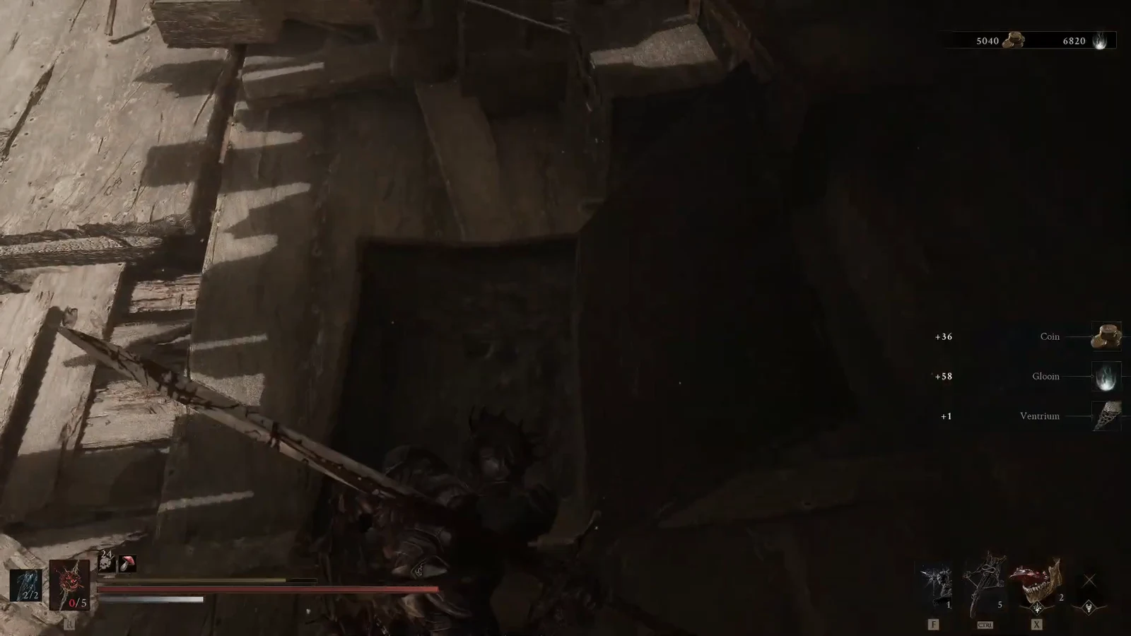 Loot notifications for Coin, Glooin and Ventrium appear as the character stands in a dark wooden chamber